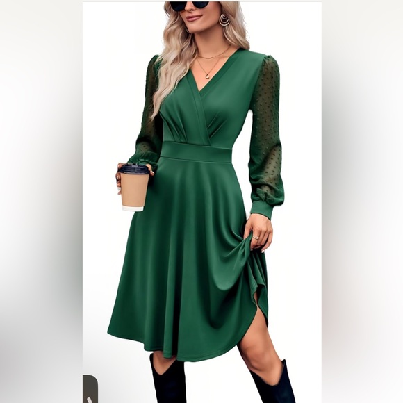 Surplice Sheer Swiss Dot Long Sleeve Dress - Picture 1 of 4